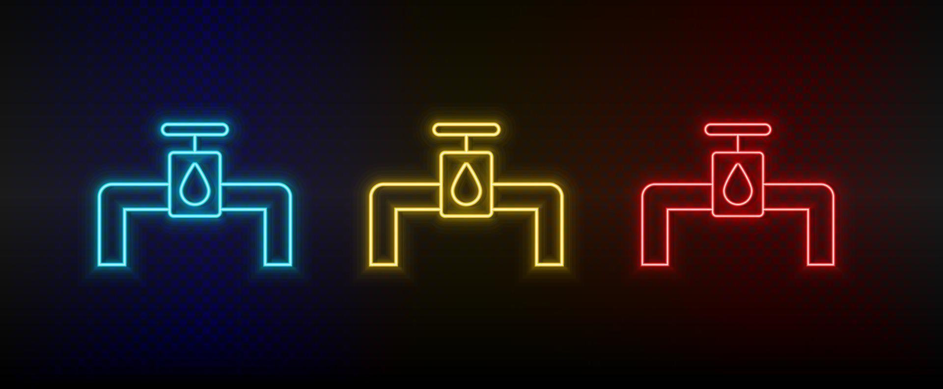 Neon icon set pipes, energy, water. Set of red, blue, yellow neon vector icon on transparency dark background