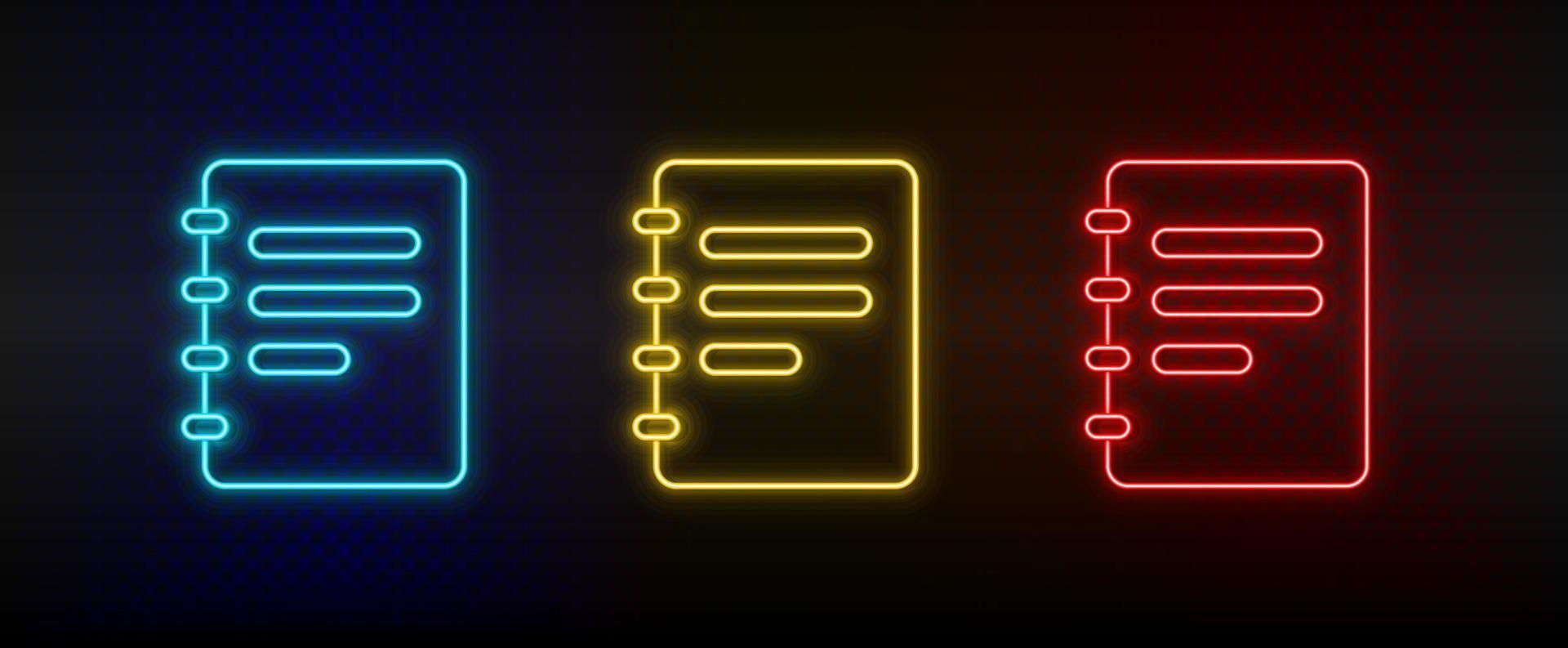 Neon icons, jotter, notebook. Set of red, blue, yellow neon vector icon on darken transparent background