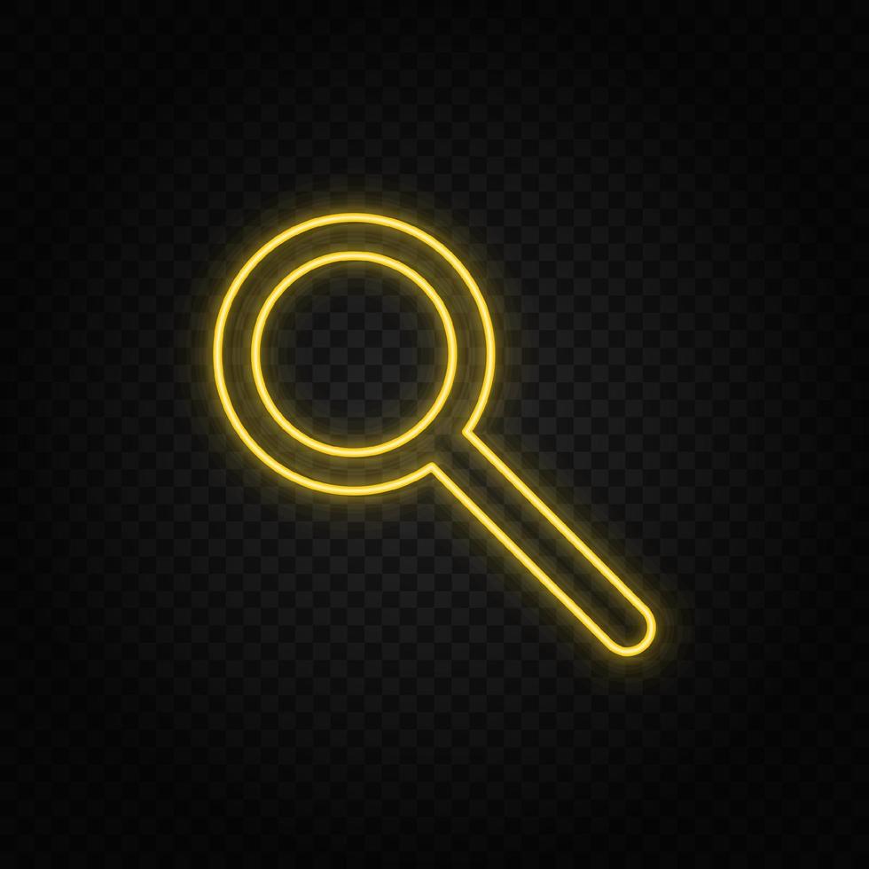 Yellow neon icon search, loupe. Transparent background. Yellow neon vector icon on dark background