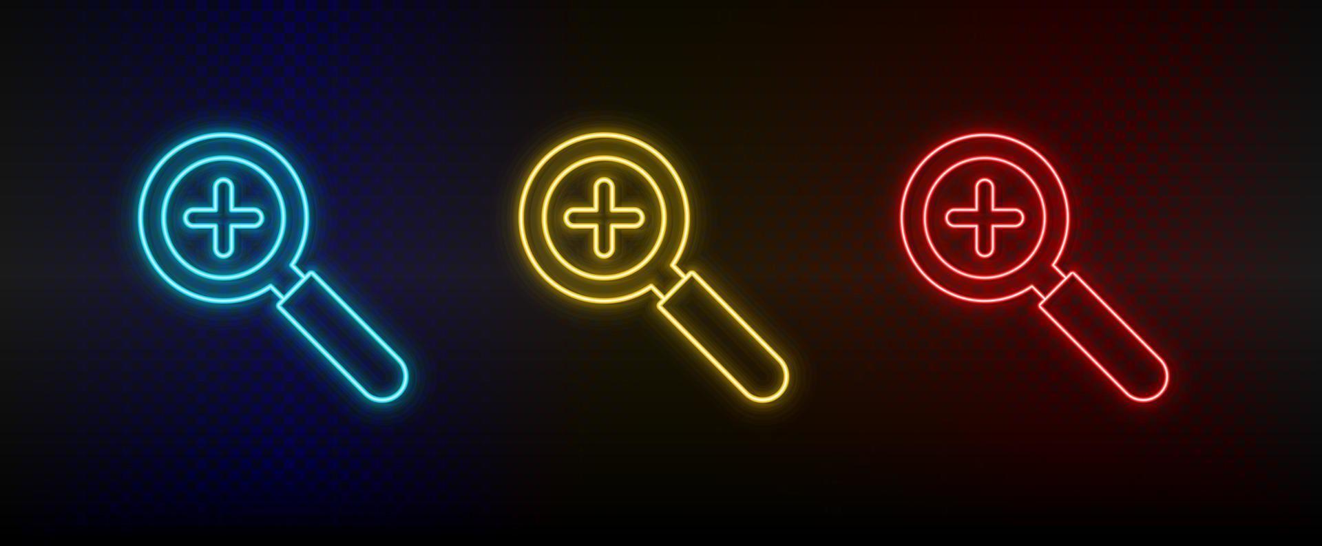 Neon icons, loupe, zoom in. Set of red, blue, yellow neon vector icon on darken transparent background