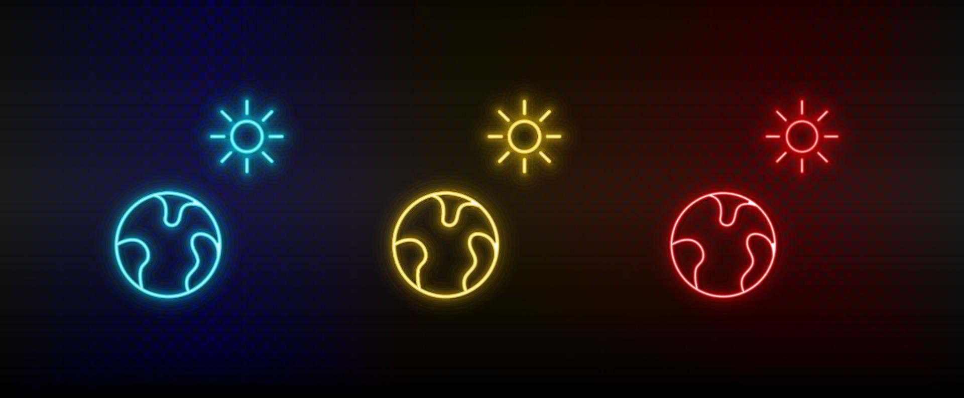 Neon icon set earth, sun, energy. Set of red, blue, yellow neon vector icon on transparency dark background