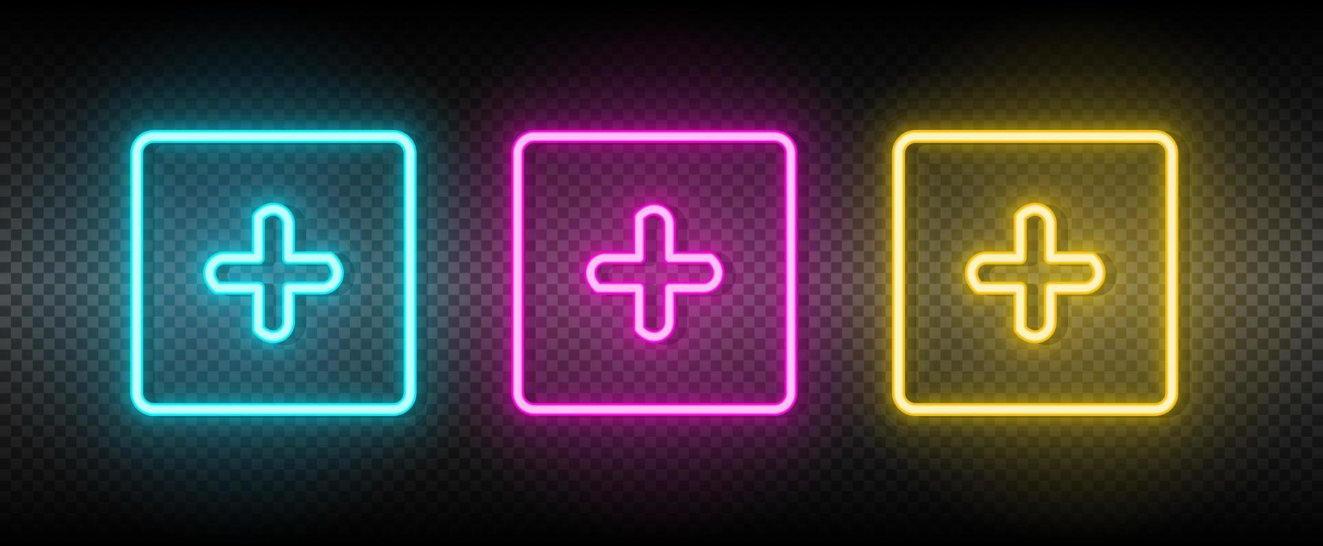 add, box neon vector icon. Illustration neon blue, yellow, red icon set