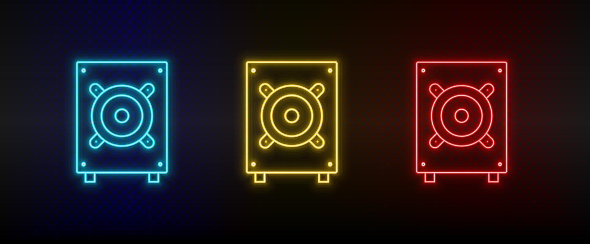 Neon icon set Bass hardware. Set of red, blue, yellow neon vector icon on transparency dark background