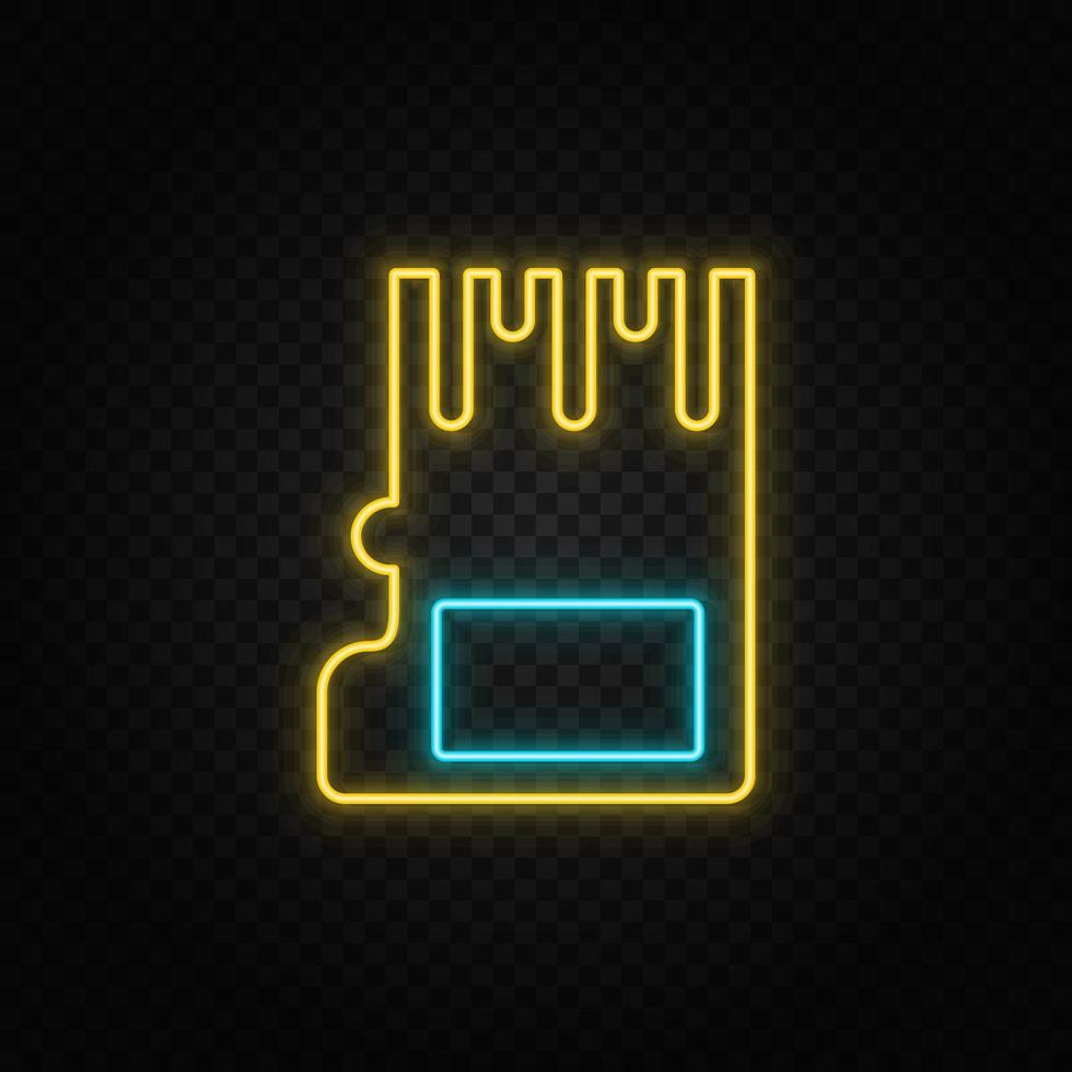 Micro card. Blue and yellow neon vector icon. Transparent background on dark background