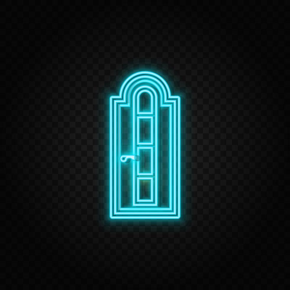 Door, icon neon icon. Blue and yellow neon vector icon. Transparent background