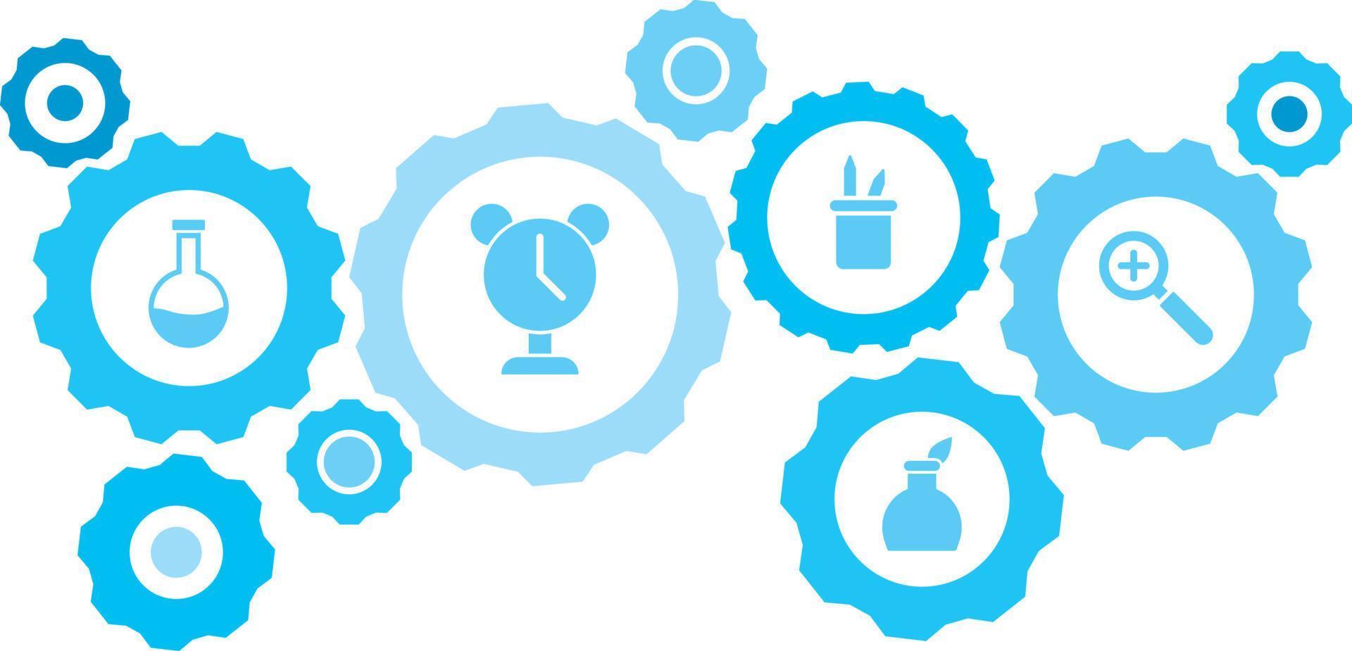 Connected gears and icons for logistic, service, shipping, distribution, transport, market, communicate concepts,loupe, zoom in gear blue icon set. Delivery mechanism concept. on white background vector