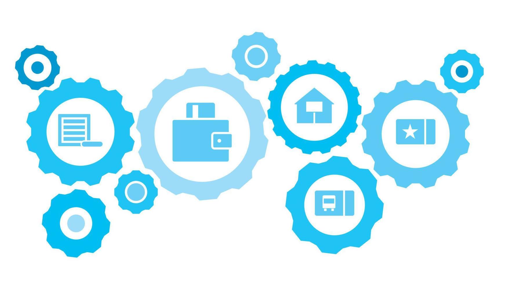 Connected gears and vector icons for logistic, service, shipping, distribution, transport, market, communicate concepts. Add, box gear blue icon set on white background