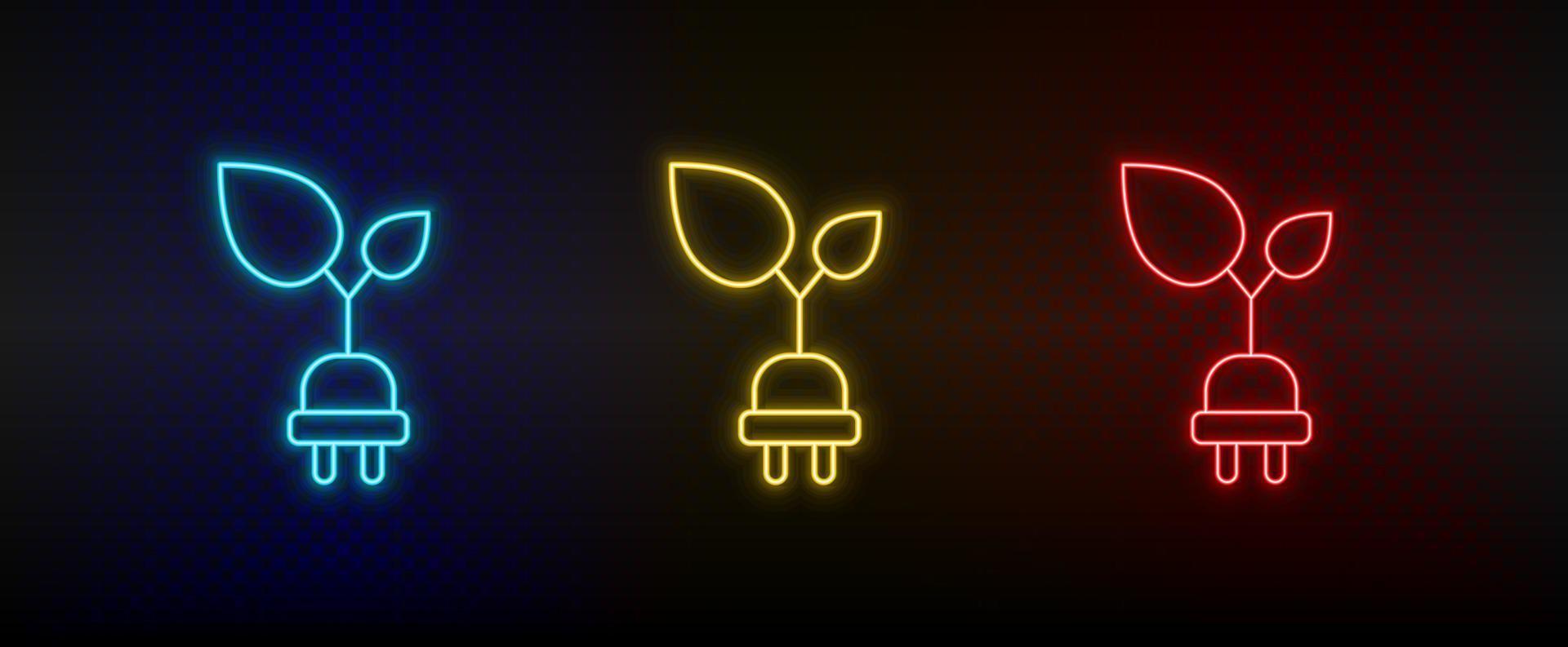 Neon icon set ecology and environment. Set of red, blue, yellow neon vector icon on transparency dark background