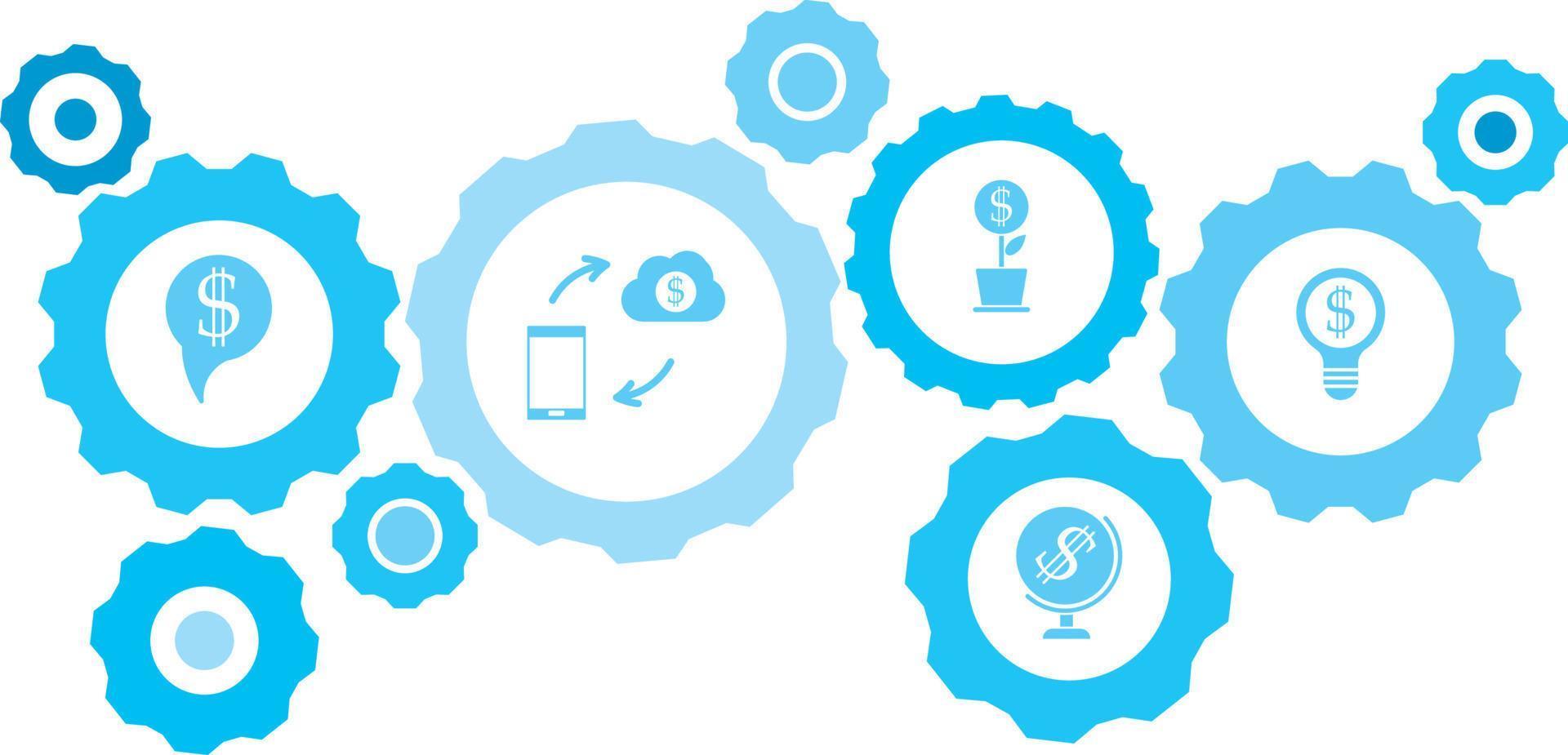 Connected gears and vector icons for logistic, service, shipping, distribution, transport, market, communicate concepts. gear blue icon setbusinessman, businessman .