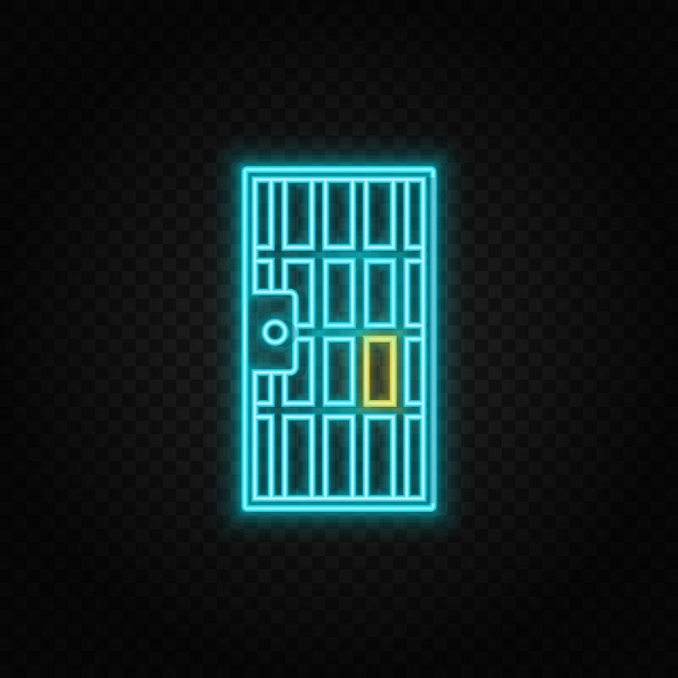 Jail, door, icon neon icon. Blue and yellow neon vector icon. Transparent background