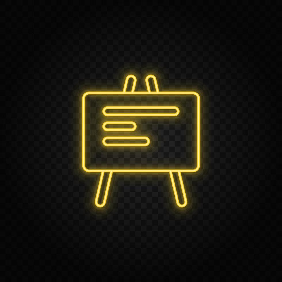 Yellow neon icon blackboard. Transparent background. Yellow neon vector icon on dark background