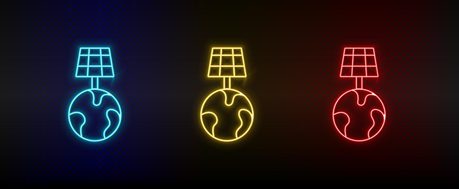 Neon icon set earth, solar, energy. Set of red, blue, yellow neon vector icon on transparency dark background