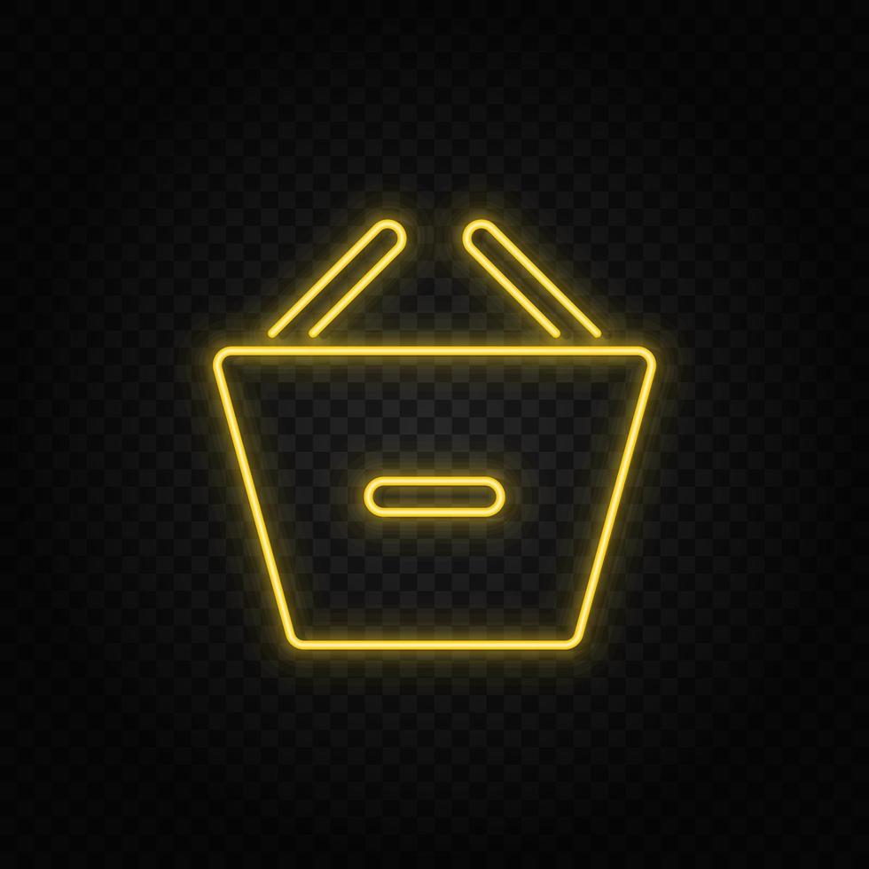 Yellow neon icon basket, remove, shopping.Transparent background. Yellow neon vector icon on dark background