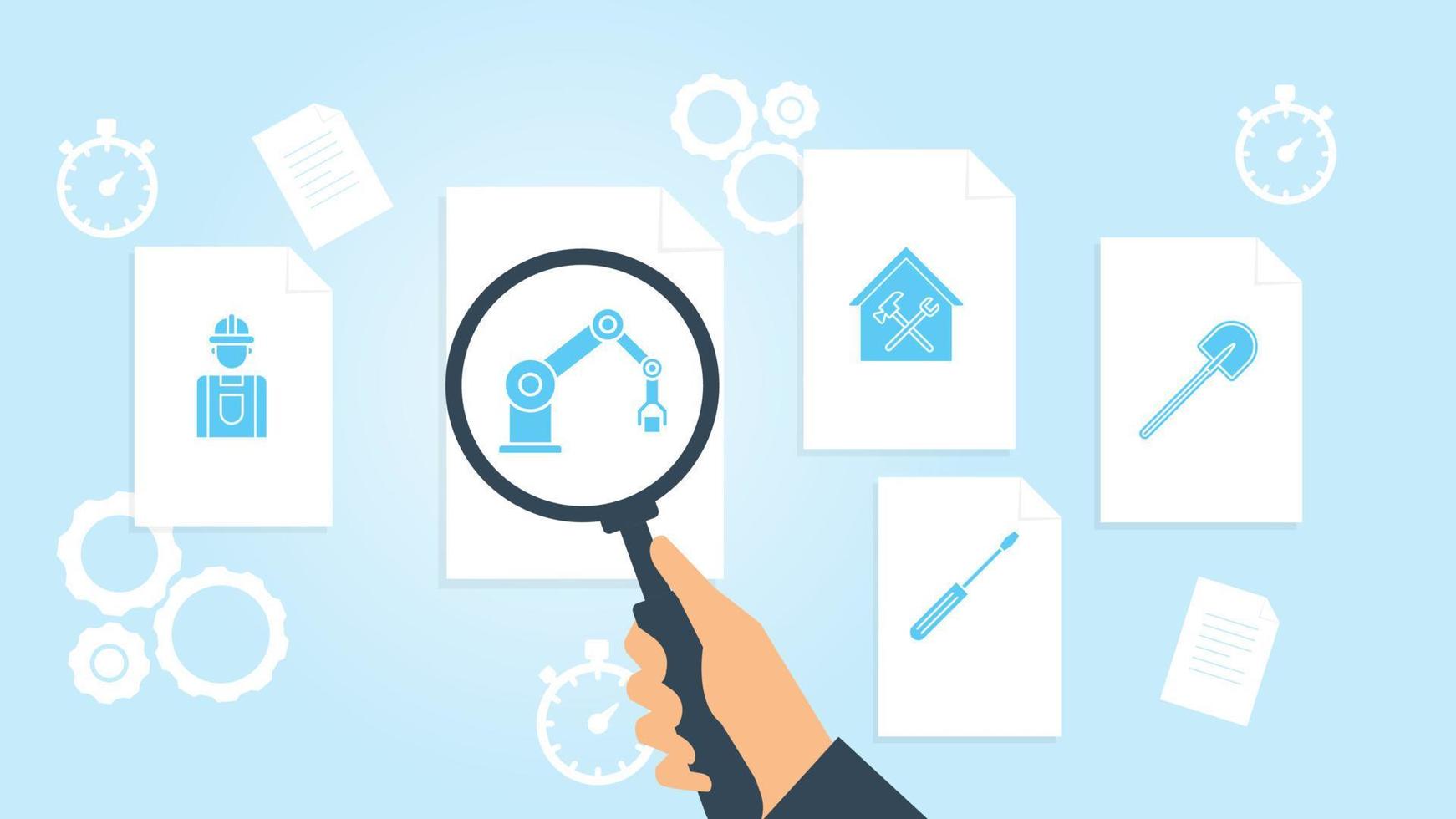 Document with search icons. File and magnifying glass. Analytics research sign. Vector Illustration, building, construction, industry, shovel file, document research vector illustration .