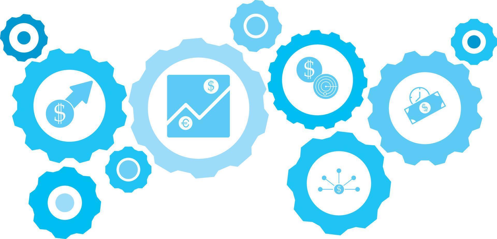 Connected gears and vector icons for logistic, service, shipping, distribution, transport, market, communicate concepts. gear blue icon setbusiness project, commercial .