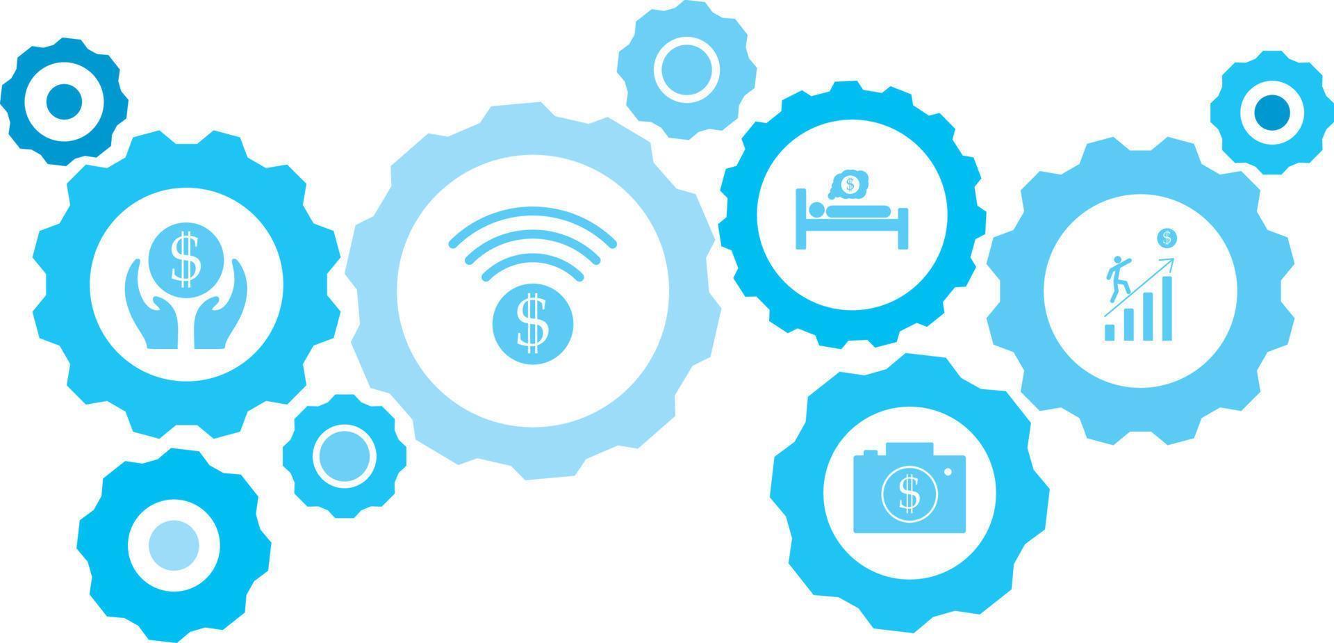Connected gears and vector icons for logistic, service, shipping, distribution, transport, market, communicate concepts. gear blue icon setfinance, financial radar .