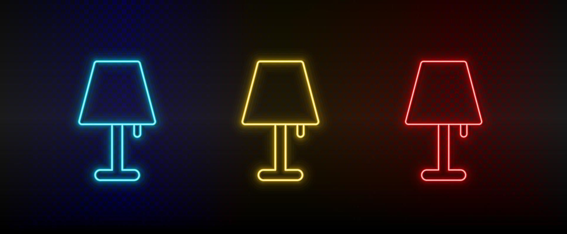 Neon icons, lamp. Set of red, blue, yellow neon vector icon on darken transparent background