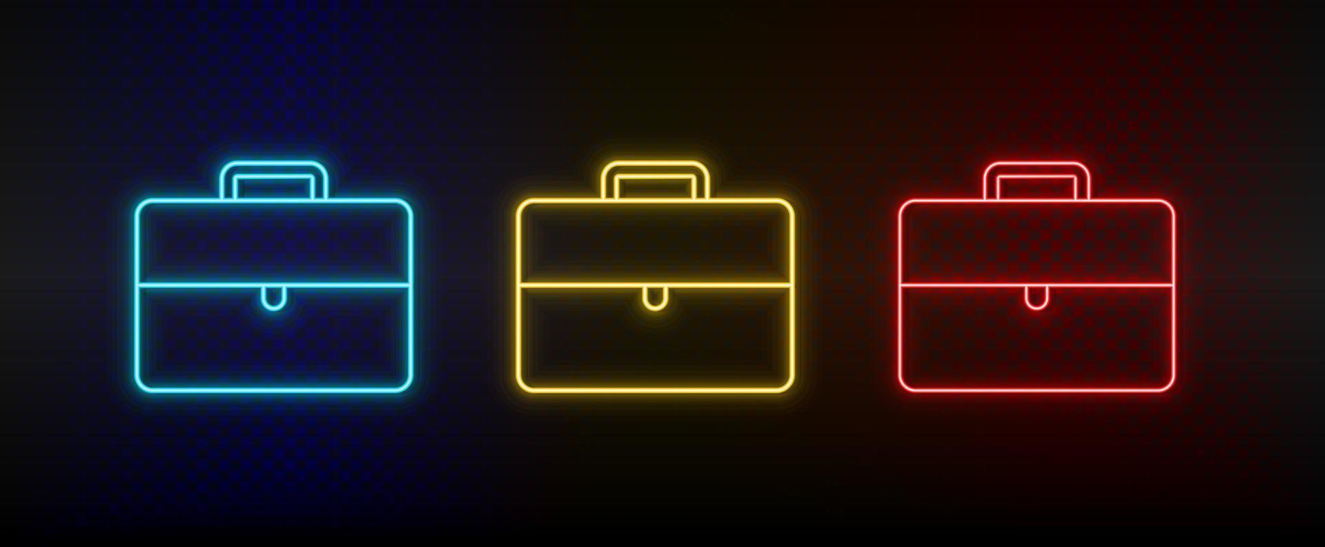 Neon icons, briefcase. Set of red, blue, yellow neon vector icon on darken transparent background