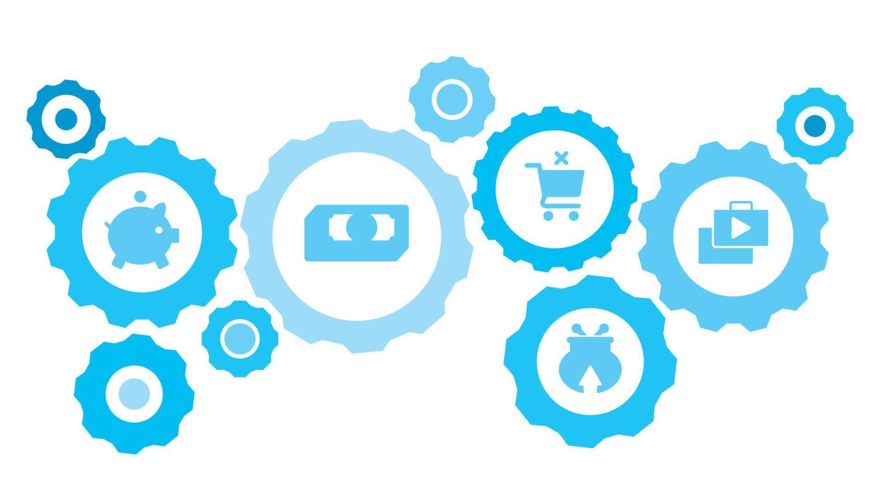 Connected gears and vector icons for logistic, service, shipping, distribution, transport, market, communicate concepts. Bag, play, store gear blue icon set on white background