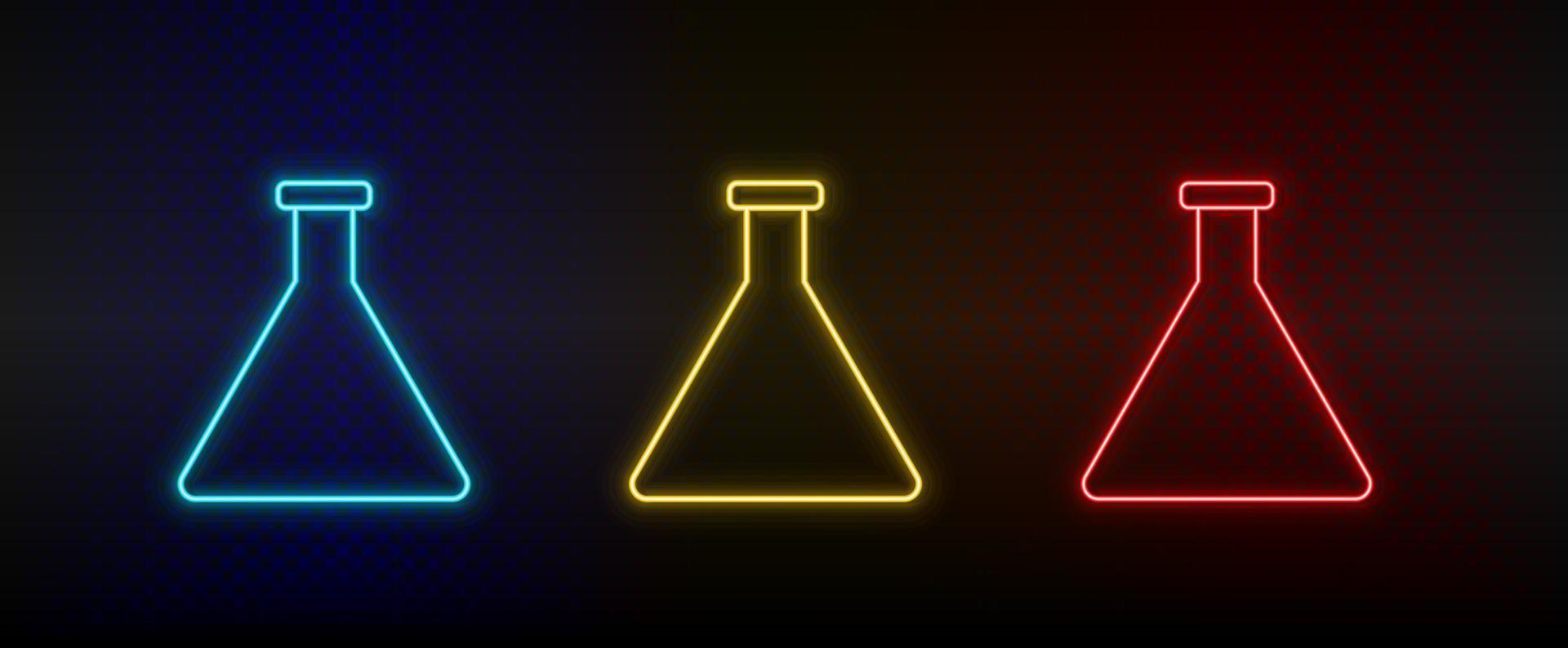 Neon icons, chemical flask. Set of red, blue, yellow neon vector icon on darken transparent background