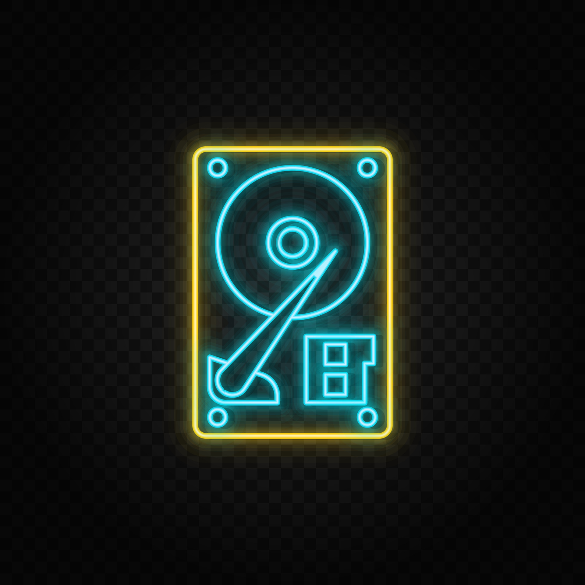 Hard disk. Blue and yellow neon vector icon. Transparent background on
