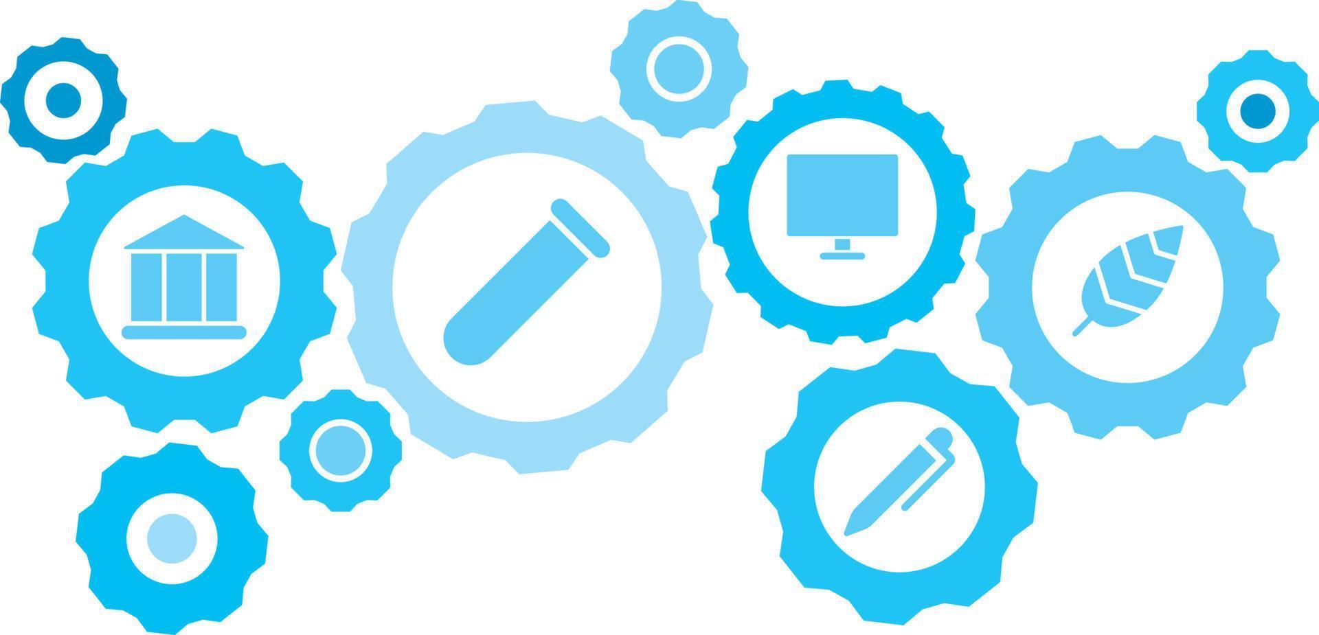 Connected gears and icons for logistic, service, shipping, distribution, transport, market, communicate concepts,bird feather gear blue icon set. Delivery mechanism concept. on white background vector