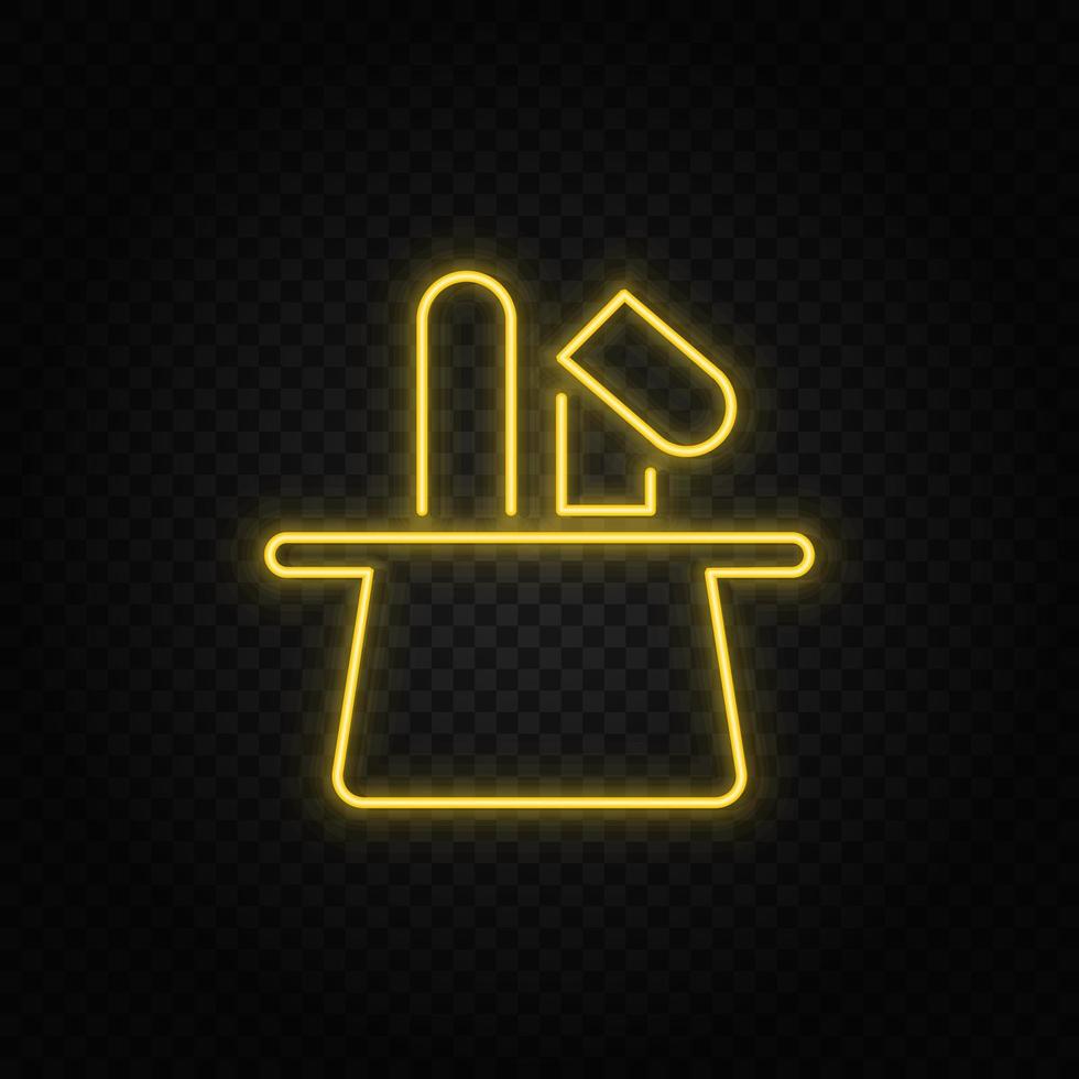 Yellow neon icon hat, rabbit.Transparent background. Yellow neon vector icon on dark background