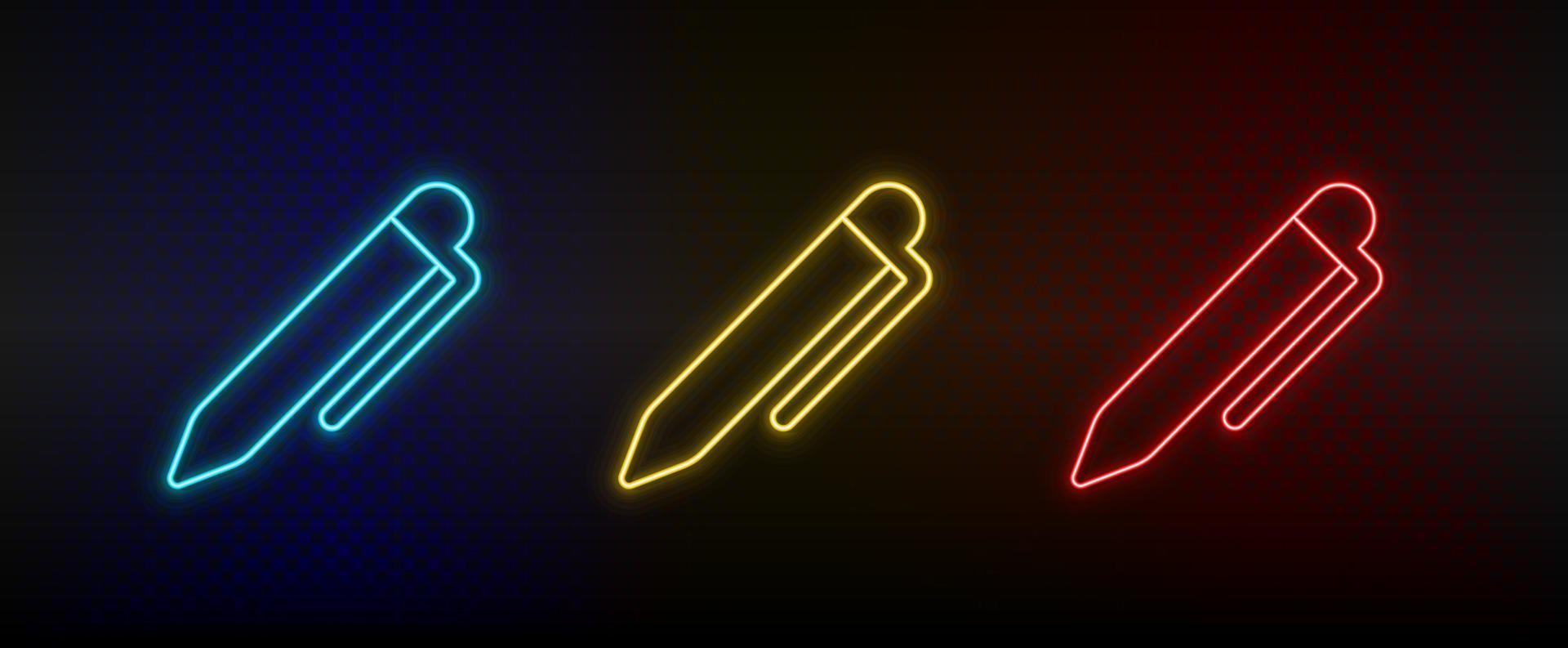 Neon icons, pencil. Set of red, blue, yellow neon vector icon on darken transparent background