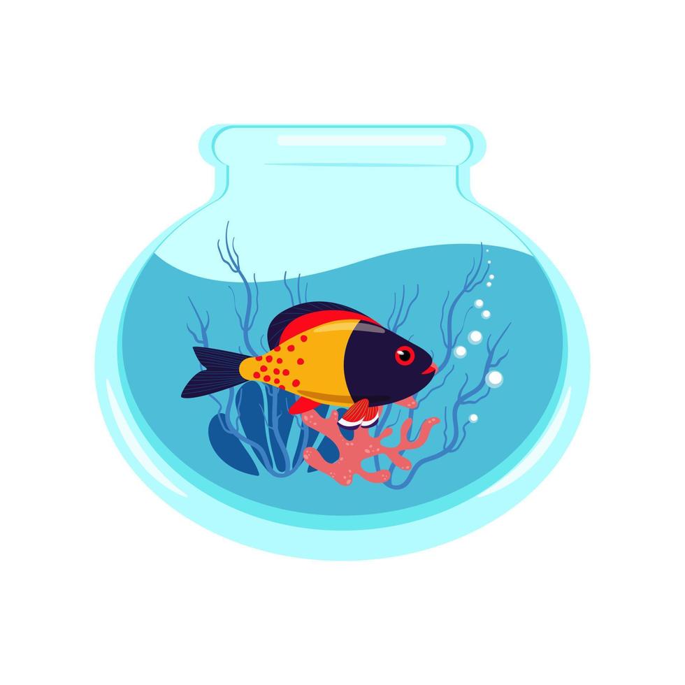 brillantemente vistoso pescado en un acuario con corales y algas, vector ilustración de un acuario en un plano estilo. impresión para ropa