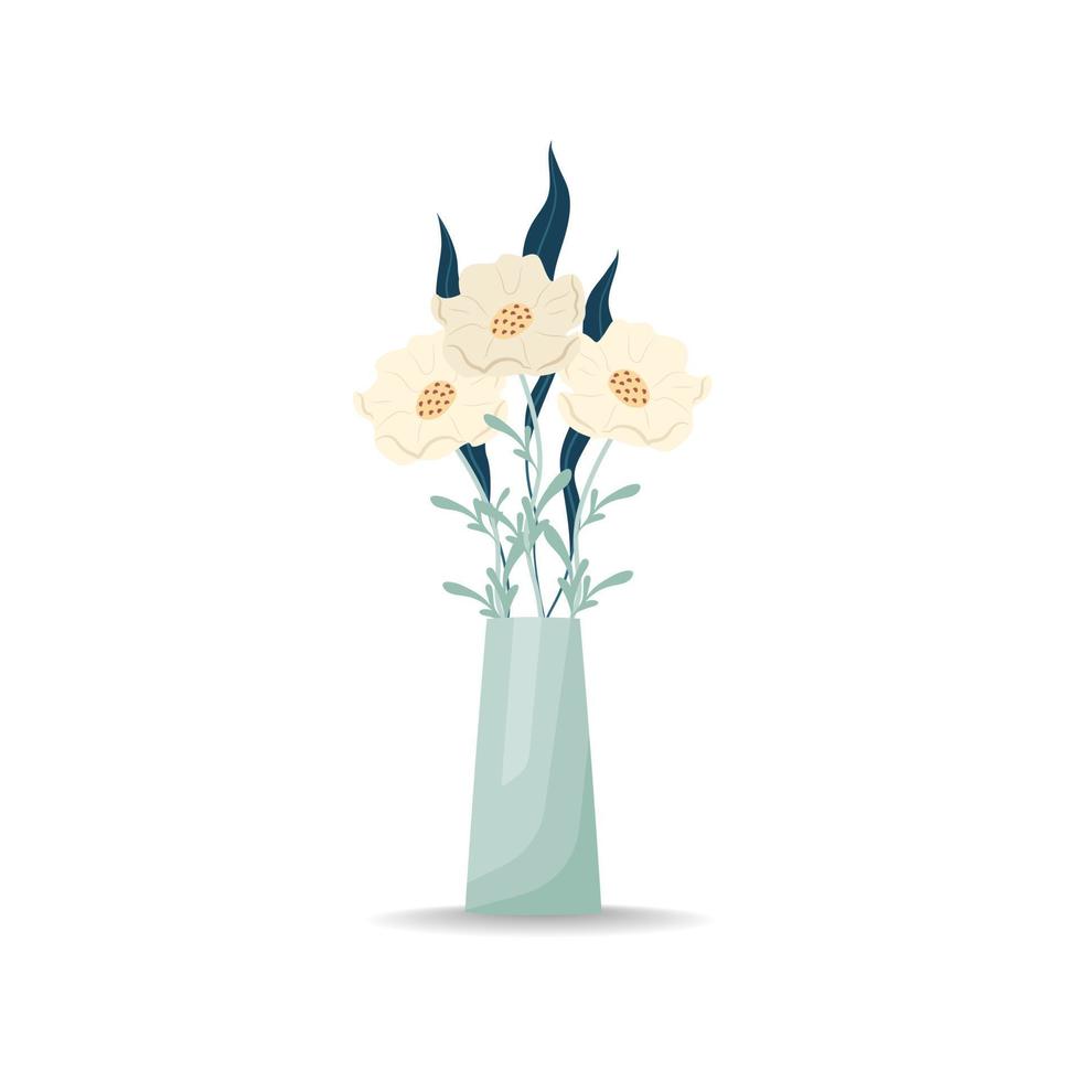 Bouquet of flowers in a vase. White poppies. Vector illustration in flat style, boho. Blooming carnation flowers, decorative leaves