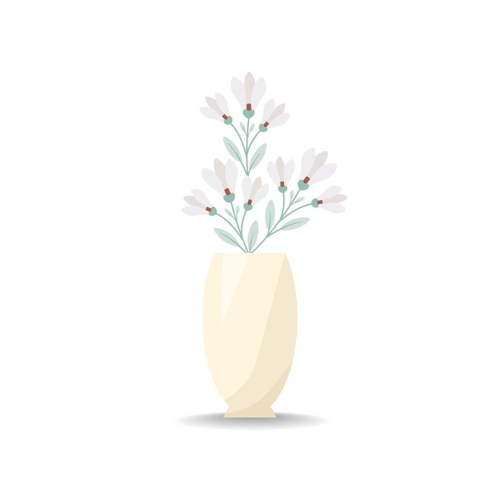 Bouquet of flowers in a vase. Vector illustration in flat style, boho. Blooming carnation flowers, decorative leaves