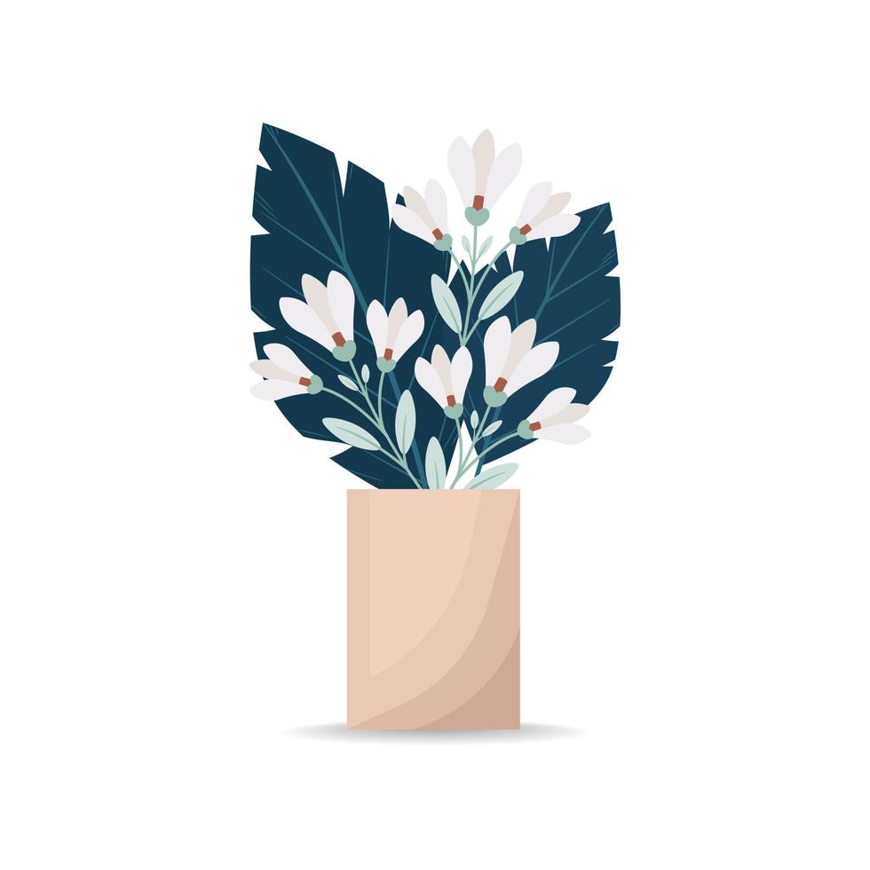 A bouquet of blooming lilies and large decorative leaves in a vase. A bouquet of flowers in a vase. Vector illustration in flat style, boho.