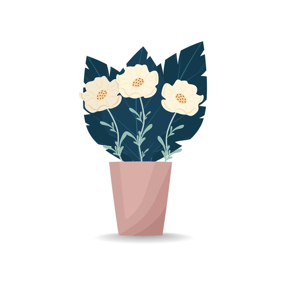 Bouquet of flowers in a vase. White poppies. Vector illustration in flat style, boho. Blooming carnation flowers, decorative leaves