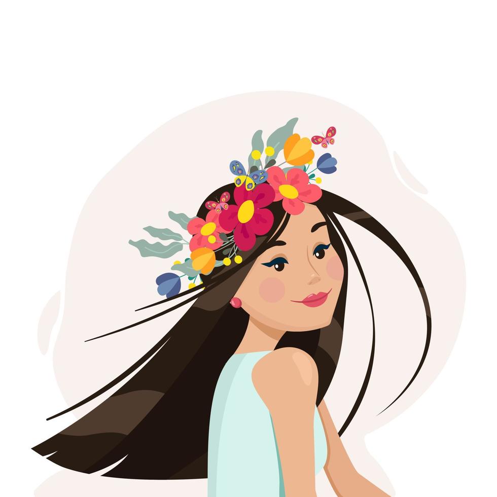 joven mujer en flor guirnalda, símbolo de primavera, naturaleza vida, vector ilustración en plano estilo