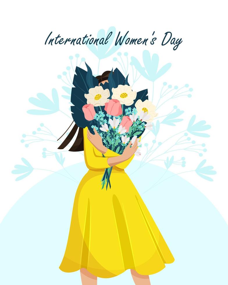 Young woman is holding a beautiful bouquet of flowers. International Women's Day. Vector illustration