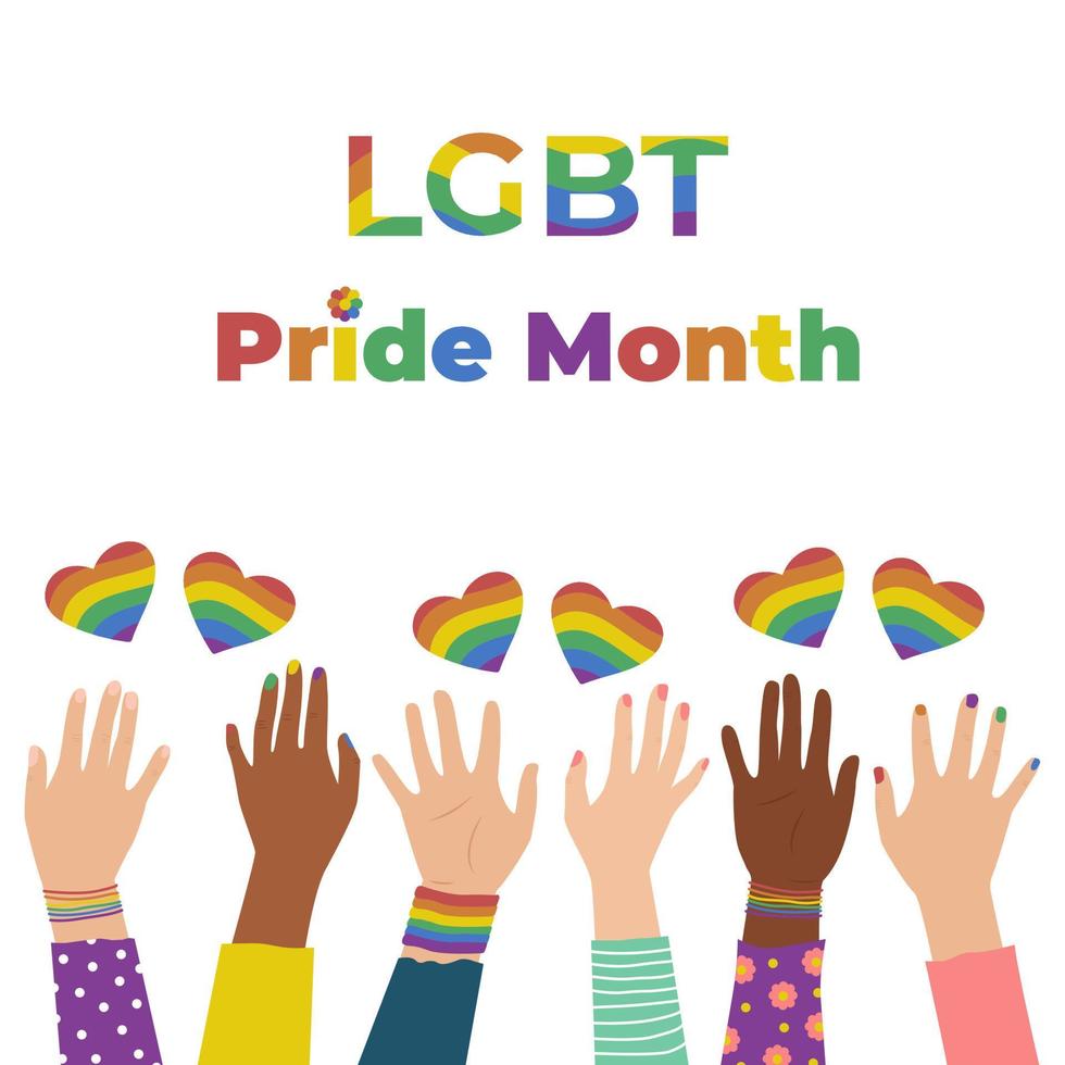 LGBT Pride Month Multiracial hands with hearts. The colors of the rainbow are symbols of LGBT vector