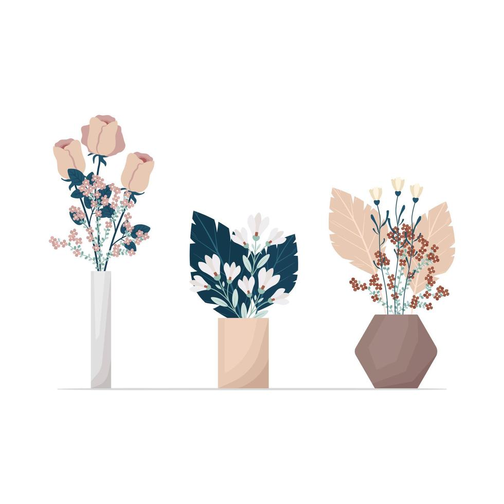 Set of flowers in boho style vases. Composition of flowers vector illustration. Bouquets of tricots, cotton, various decorative leaves and twigs