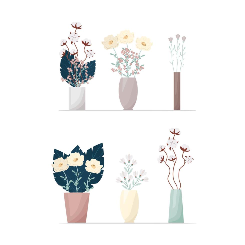 Set of flowers in boho style vases. Composition of flowers vector illustration. Bouquets of tricots, cotton, various decorative leaves and twigs