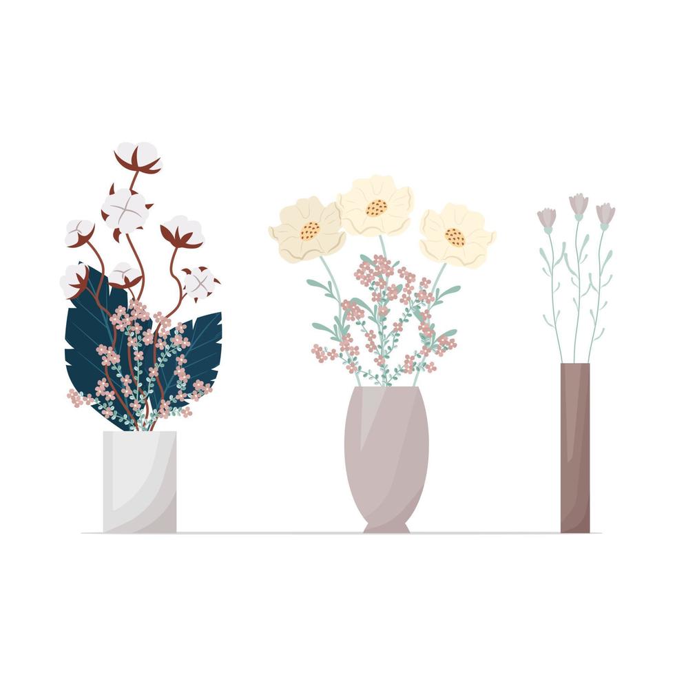 Set of flowers in boho style vases. Composition of flowers vector illustration. Bouquets of tricots, cotton, various decorative leaves and twigs