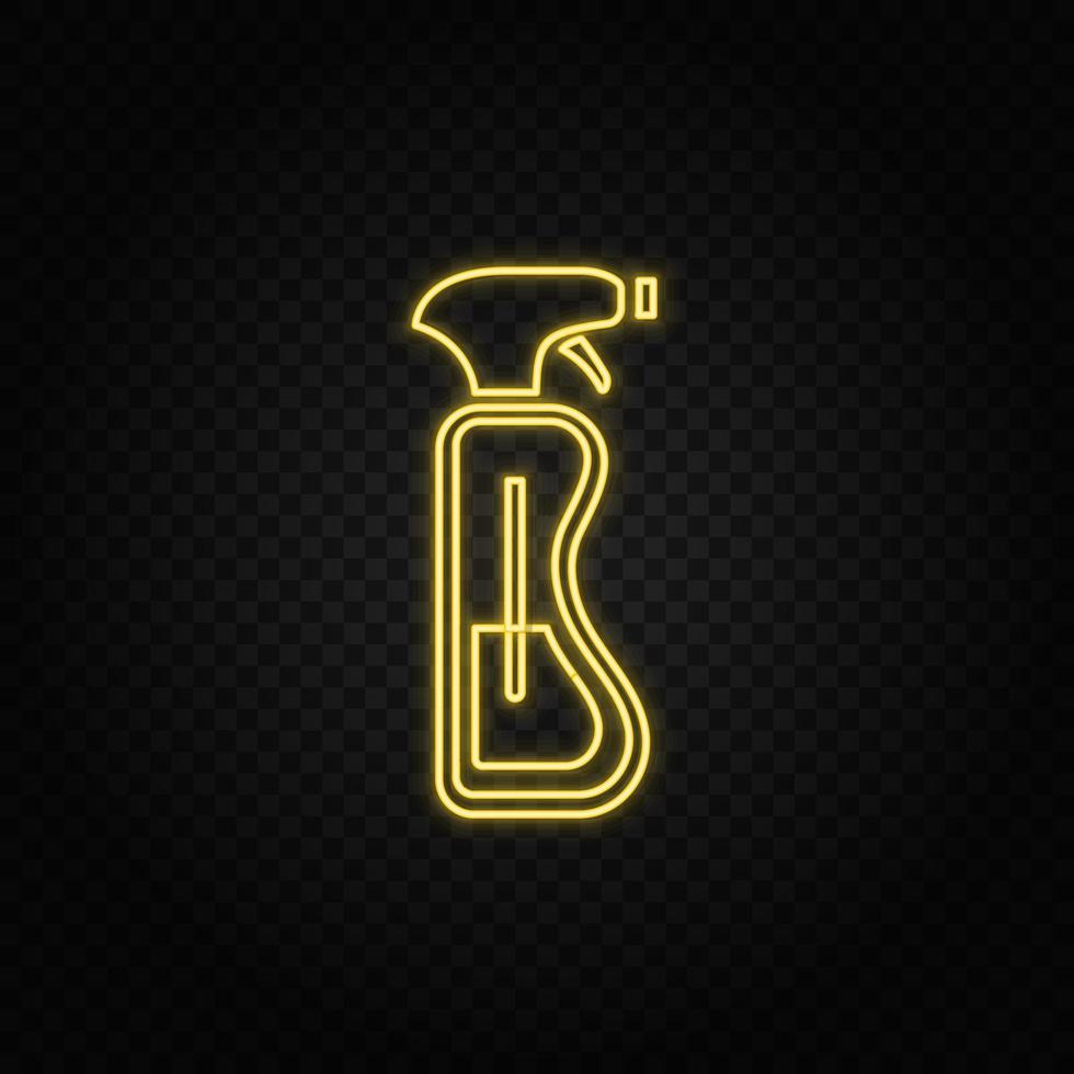 Yellow neon icon cleaning, spray. Transparent background. Yellow neon vector icon on dark background