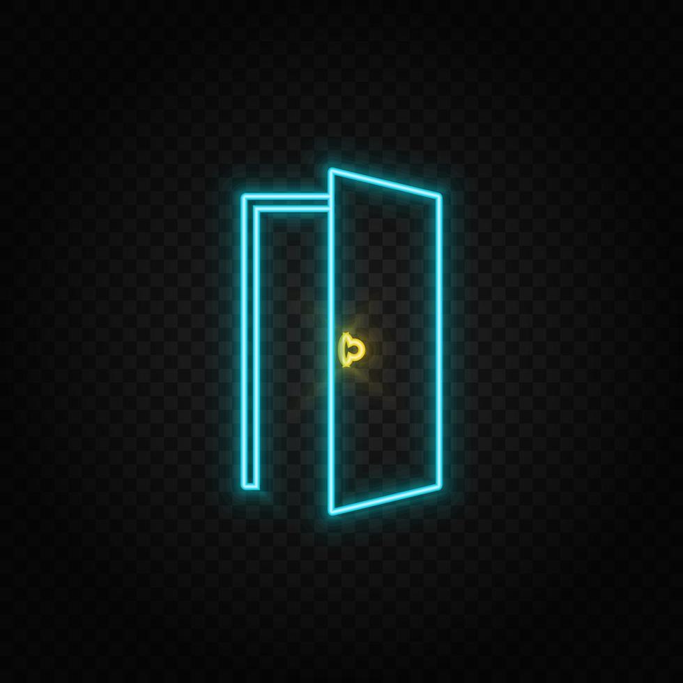 puerta, abierto, icono neón icono. azul y amarillo neón vector icono. transparente antecedentes