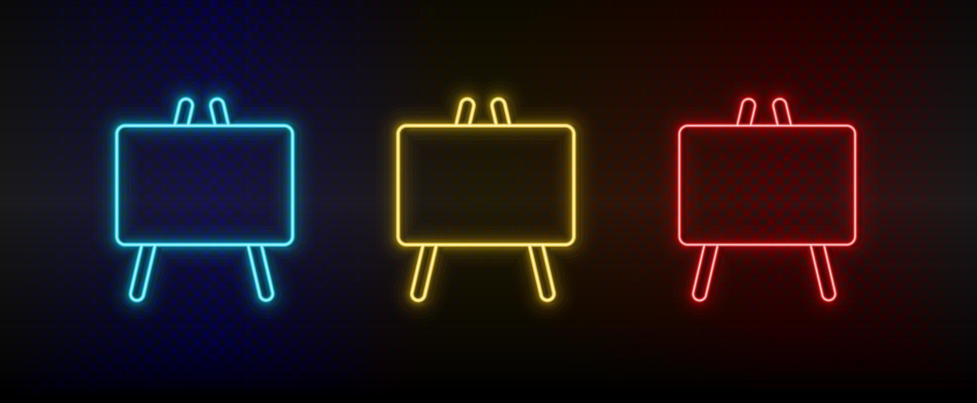 Neon icons, blackboard. Set of red, blue, yellow neon vector icon on darken transparent background