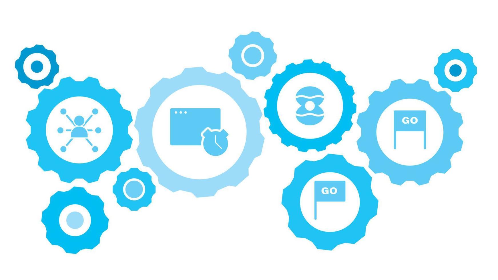 Connected gears and vector icons for logistic, service, shipping, distribution, transport, market, communicate concepts. Cash, money, pack gear blue icon set on white background