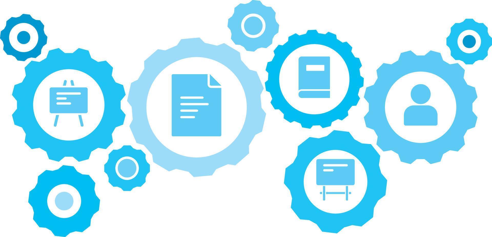 Connected gears and icons for logistic, service, shipping, distribution, transport, market, communicate concepts,avatar gear blue icon set. Delivery mechanism concept. on white background vector