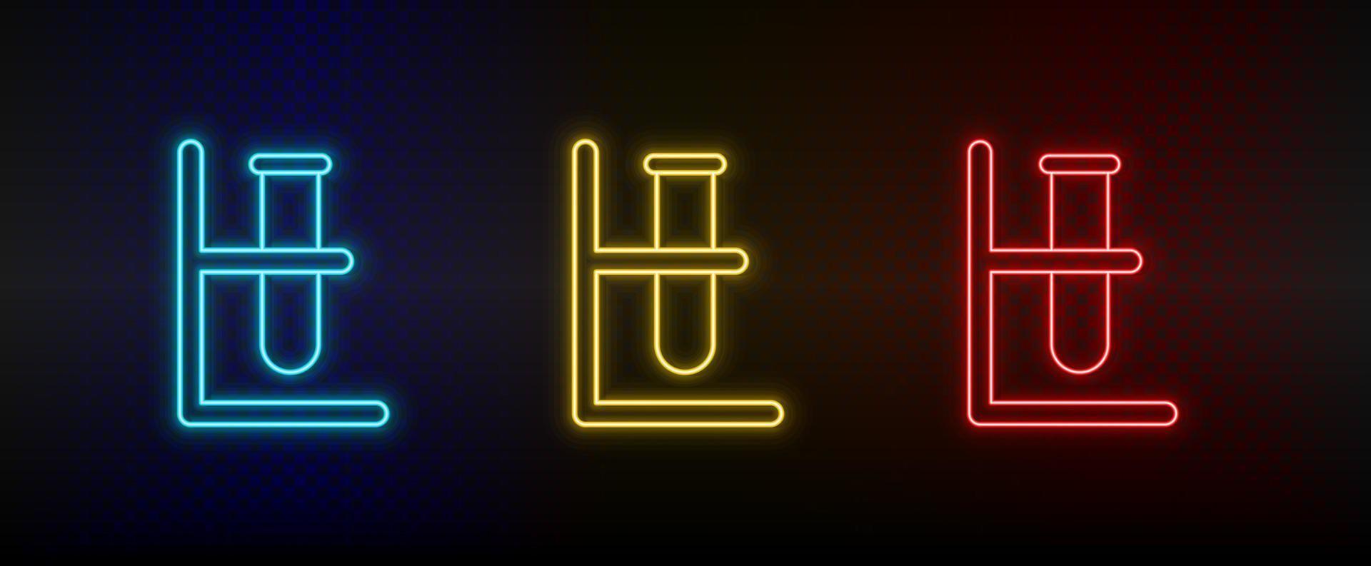 Neon icons, lab glassware. Set of red, blue, yellow neon vector icon on darken transparent background