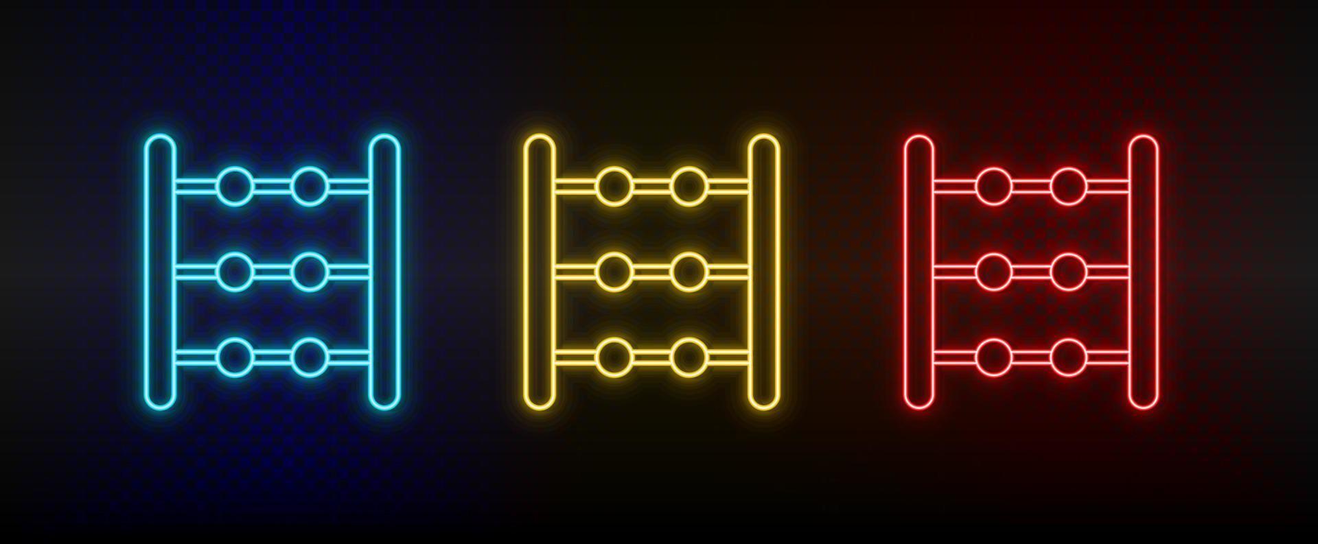 Neon icons, abacus, counting. Set of red, blue, yellow neon vector icon on darken transparent background