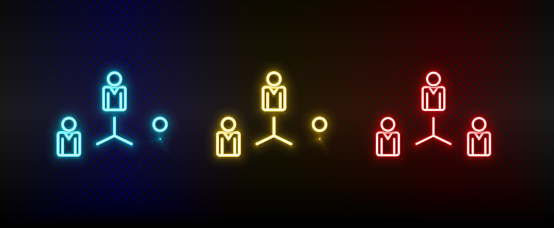 Neon icon set connection, teamwork. Set of red, blue, yellow neon vector icon on transparency dark background