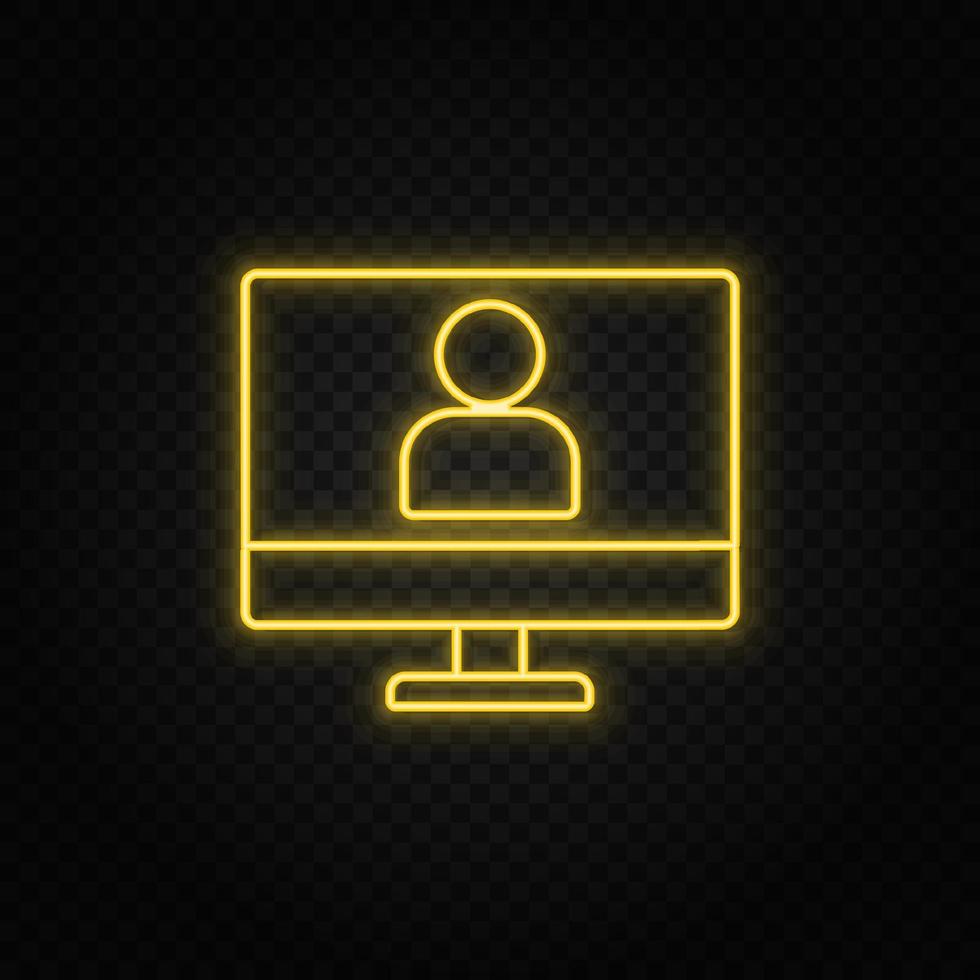 Yellow neon icon online, education, avatar. Transparent background. Yellow neon vector icon on dark background