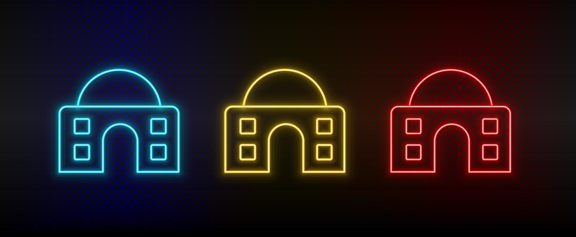 Neon icons, building, college. Set of red, blue, yellow neon vector icon on darken transparent background