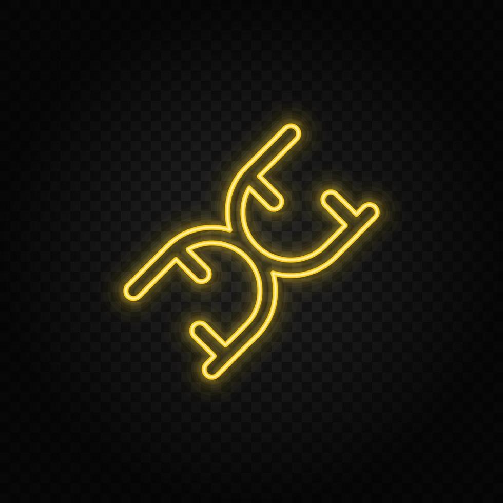 Yellow neon icon biology, dna. Transparent background. Yellow neon vector icon on dark background